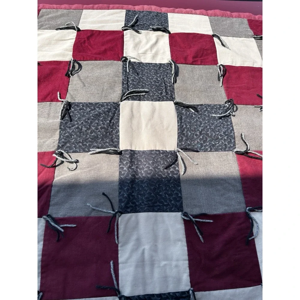 Handmade Patchwork Quilt Throw 40x41 Burgundy Grey Black Cream Hand Tied Cozy